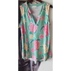 Simply Southern Sleeveless V Neck Pink Turtle Seashell Blouse Womens Size Medium